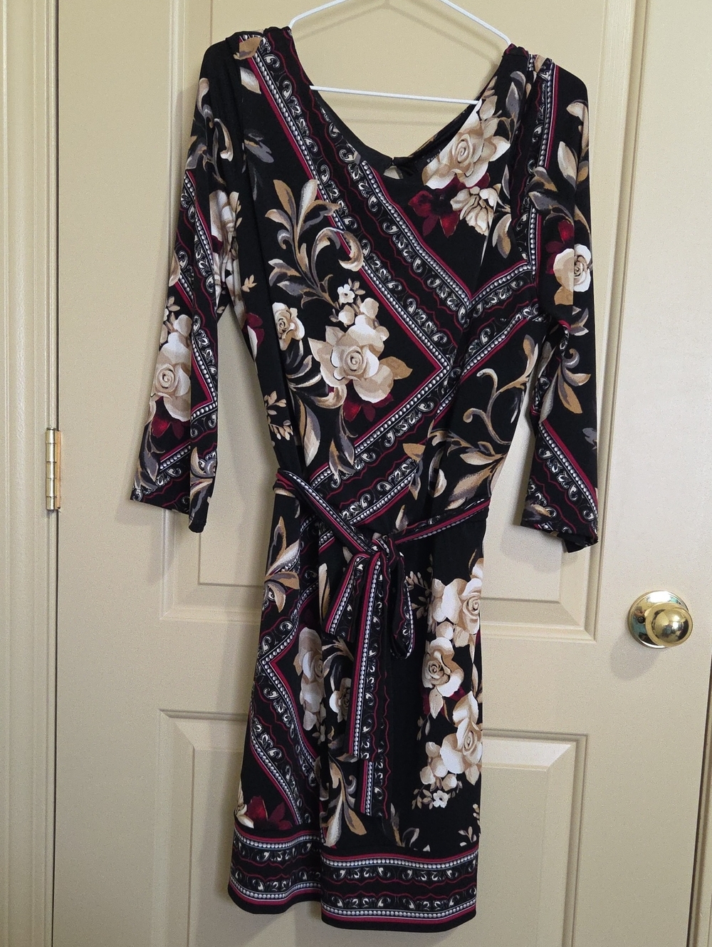White House Black Market Black Floral Wrap Dress with Cream and Burgundy Accents